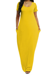 Freizeitkleid in Übergröße, Damen Plus Solid V-Ausschnitt A-Linie Kurzarm Seitentasche Maxi T-Shirt Kleid