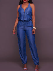 Elastic Waistband Bloomer-Style Zip-Front Sleeveless Denim Jumpsuit