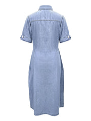A-Line Flap Pockets Rolled Sleeve V-Neck Casual Lapel Denim Maxi Dresses