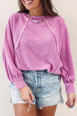 Top de manga larga de rizo con costuras expuestas en color rosa de talla grande