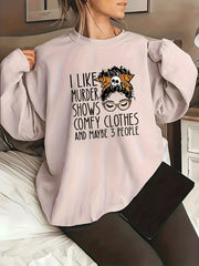 Plus Size Casual Sweatshirt, Women's Plus Cartoon Figure & Slogan Print Long Sleeve Crew Neck Slight Stretch Pullover Sweatshirt, Casual Tops For Fall & Winter, Plus Size Women's Clothing