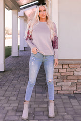 Rosa Langarm-Top mit Patchwork-Muster und Waffelstrick