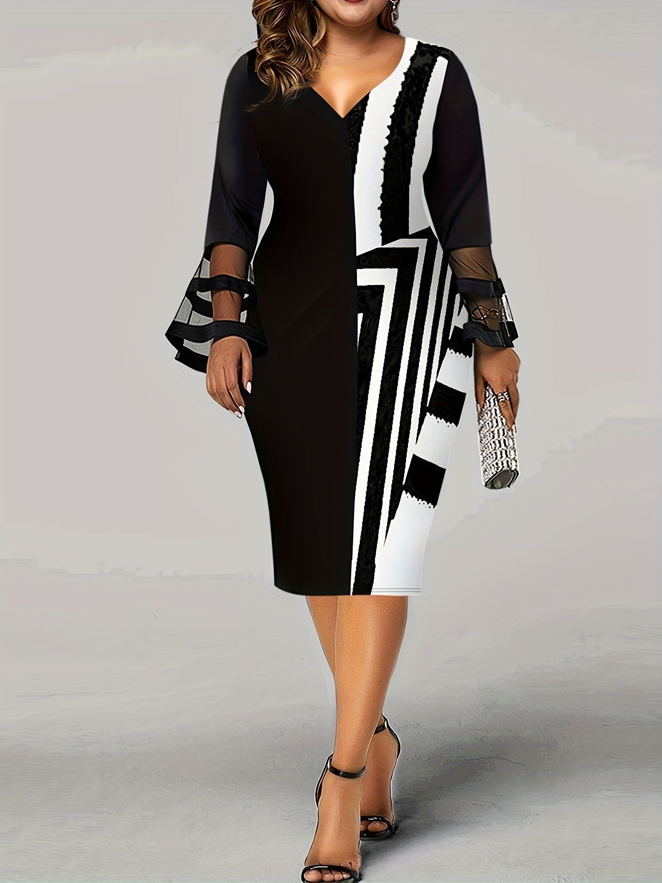 Plus Size Casual Party Dress, Women's Plus Colorblock Stripe Print Contrast Mesh Bell Sleeve V Neck Medium Stretch Midi Slim Fit Dress