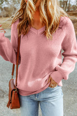 Rosa Strickpullover mit V-Ausschnitt und überschnittener Schulter