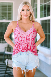Rosa Tanktop mit V-Ausschnitt und floralem Spitzenpatch im Leopardenmuster