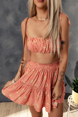 Oranges zweiteiliges Set mit kurzem Plissee-Top mit Leopardenmuster und hoch tailliertem Rock