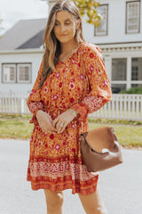 Oranges Minikleid mit Blumenmuster und Kordelzug und langen Ärmeln