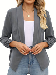 Ruched Solid Color Open-Front Buttonless Placket Casual Blazer