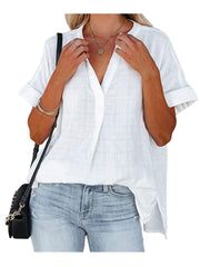 V-Neck Thin Loose Plaid Short-Sleeved Blouse