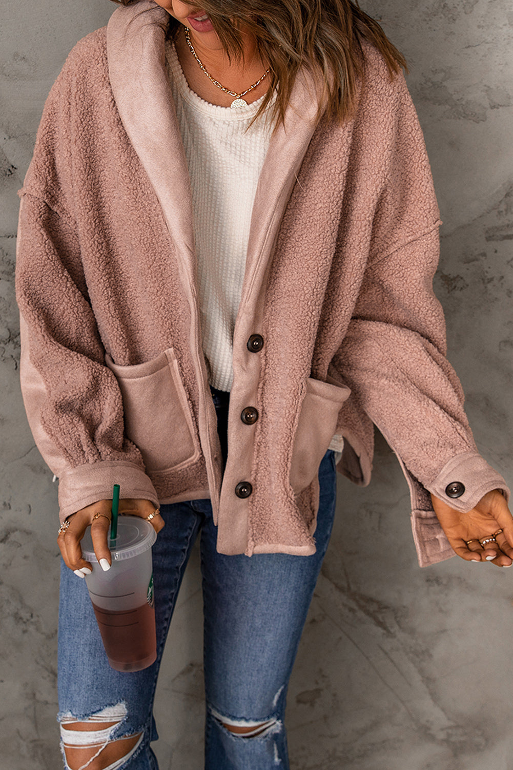 Pink Suede Sherpa Patchwork Buttoned Loose Jacket