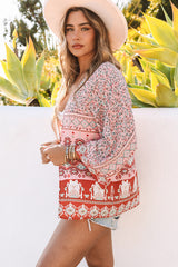 Rosa Kimono mit Blumenmuster und Aztekenmuster, 3/4-Ärmel, offener Vorderseite