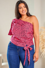 Pink Plus Slant One Shoulder Leopard Tie Drape Blouse