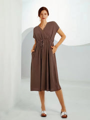 V-Neck Solid Color Waist Knitted Loose Casual Midi Dress