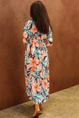 Orange Floral Kimono Long Dress with Slit