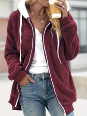 Plus Size Cute Coat, Women's Plus Colorblock Zip Up Long Sleeve Drawstring Hooded Teddy Coat