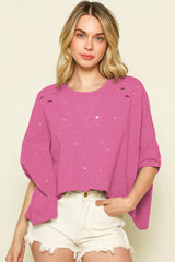 Rosa, gebleichtes Top mit asymmetrischem Saum im Used-Look und kurzen Ärmeln