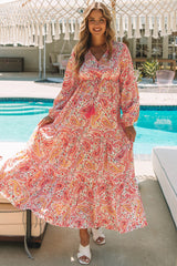 Oranges Boho Holiday Paisley Print Stufen-Maxikleid mit langen Ärmeln