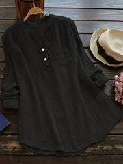 Lässige Bluse in Übergröße, Damen-Henley-Bluse mit langen Ärmeln, eingekerbter Halsausschnitt, gerüschte Rückseite, runder Saum, leicht dehnbar, mit Tasche