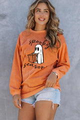 Orangefarbenes geripptes Pullover-Sweatshirt mit Geister-Print „Spooky Season“