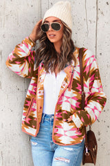 Orange Western Aztec Buttoned Zipper Pockets Fleece Jacket