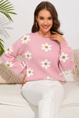 Rosa Pullover mit überschnittenen Schultern und Blumenmuster