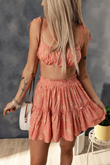 Oranges zweiteiliges Set mit kurzem Plissee-Top mit Leopardenmuster und hoch tailliertem Rock