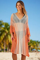 Oranges Colorblock-Strandkleid mit ausgehöhlten Fledermausärmeln