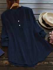 Lässige Bluse in Übergröße, Damen-Henley-Bluse mit langen Ärmeln, eingekerbter Halsausschnitt, gerüschte Rückseite, runder Saum, leicht dehnbar, mit Tasche