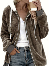 Süßer Mantel in Übergröße, Teddy-Mantel mit Farbblock-Muster und Reißverschluss, langen Ärmeln, Kordelzug und Kapuze für Damen