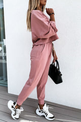 Rosa, einfarbiges Sport-Outfit mit kastigem Pullover und Hose