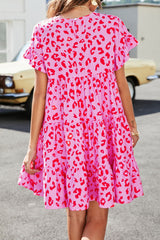Pink Leopard Print Ruffle Short Sleeve Tiered Dress