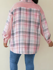 Lässige Bluse in Übergröße, Damen-Tunikahemd mit Karomuster, Knopfleiste, Laternenärmeln und Umlegekragen und Pattentasche