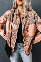 Rosa zerrissene Hemdjacke mit geometrischem Muster und Taschen