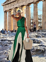 Elegant One Shoulder Colorblock A Line Prom Dress