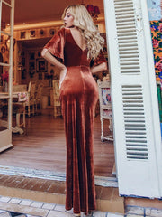 Elegant Double V Neck Velvet Party Dress with Sleeves