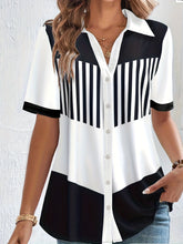 Plus Size Casual Blouse, Women's Plus Colorblock Stripe Button Up Short Sleeve Polo Neck Slight Stretch Blouse
