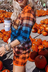 Orange Gradient Plaid Button Front Mini Shirt Dress