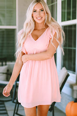 Pink Ruffle Short Sleeves V Neck Pocket Mini Dress