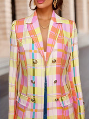 Stylish Plaid Print Double-Breasted Open-Front Lapel Blazer
