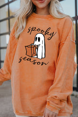 Orangefarbenes geripptes Pullover-Sweatshirt mit Geister-Print „Spooky Season“