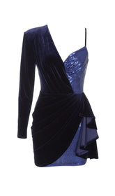 VELVET PLEATED SEQUINED MINI DRESS IN NAVY BLUE