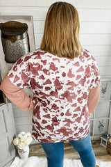 Top de manga larga con bloques de color y lunares de vaca rosa en talla grande