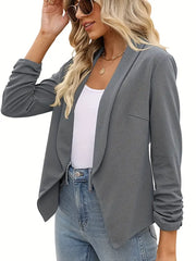 Ruched Solid Color Open-Front Buttonless Placket Casual Blazer