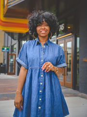 Rolled Sleeve Single-Breasted Lapel Button Causal Denim Mini Dress