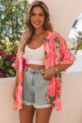 Rosa Kimono mit Blumenmuster und Rüschen, 3/4-Ärmel, lockere Passform