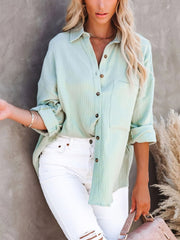 Simple Long Sleeve V-Neck Button Blouses