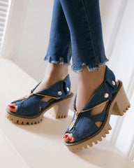 Women's Elegant Casual Denim Zipper Chunky Heel Sandals(Large size)