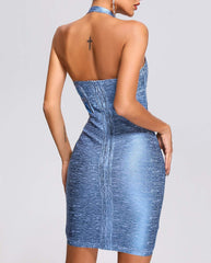 Neckholder-Bandage-Minikleid in Metallic-Optik - Blau