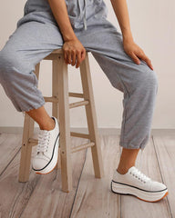 Women's Fashion Athletic Color-Blocking Lace-up Platform Canvas Sneakers