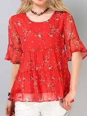 Plus Size Round Neck Floral Printed Pattern Chiffon Blouse